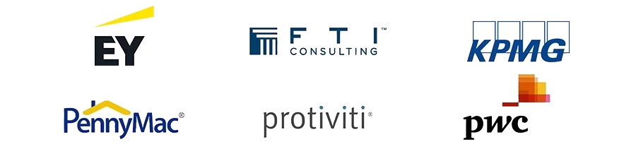 Grid of company logos: ey, fti, kpmg, pennymac, protiviti, pwc