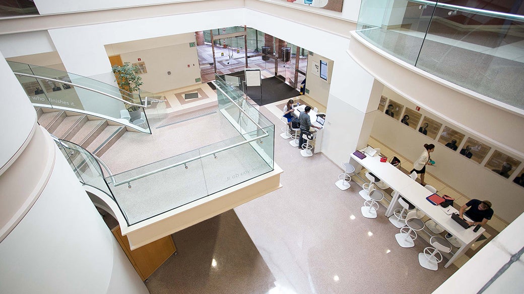 Overhead view of students studying at Anderson Atrium