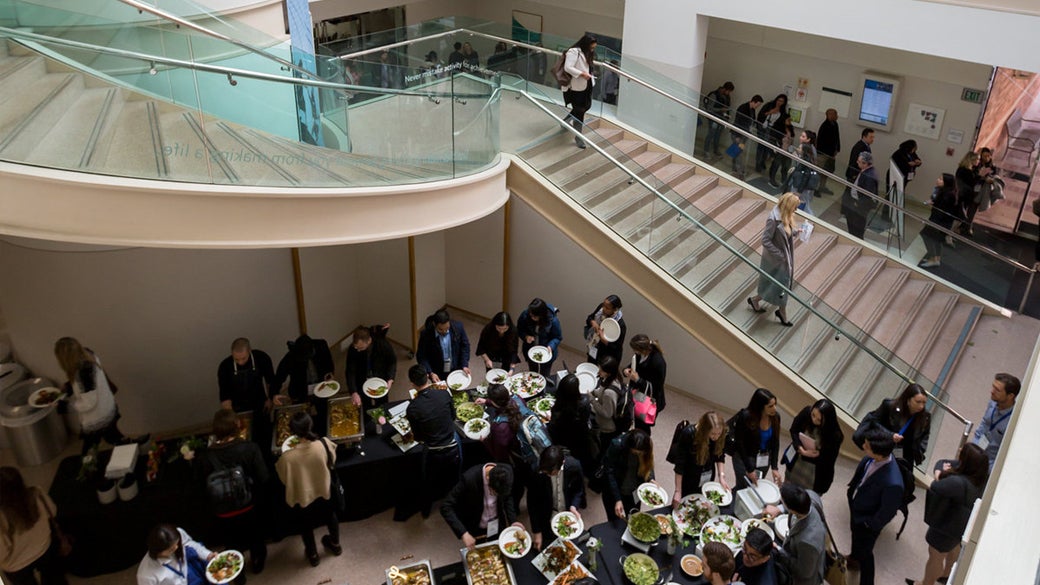 Students lining up for a buffet at Anderson Atrium