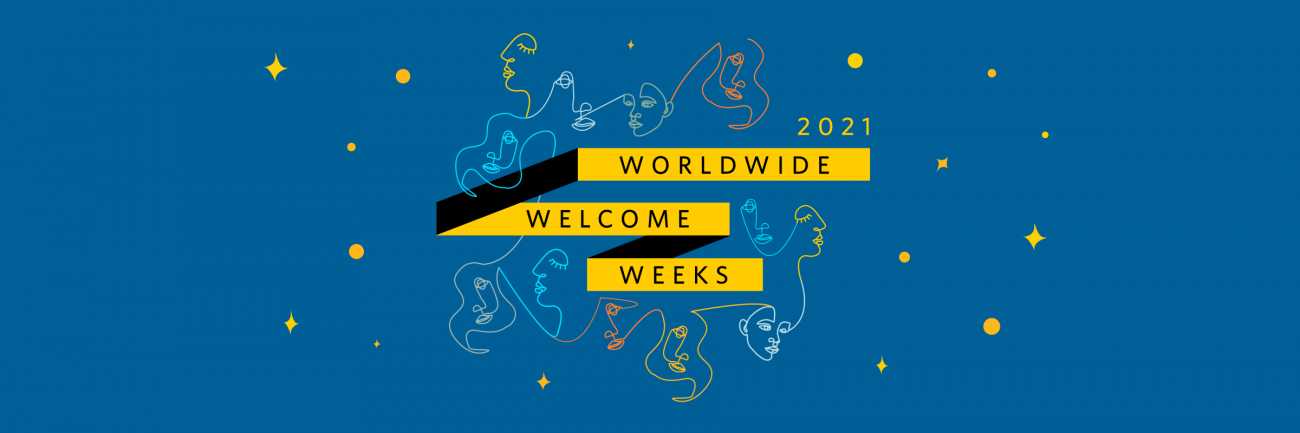 blue banner stating worldwide welcome weeks 2021 with hand drawn faces