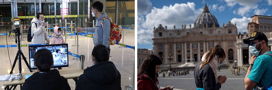 A family at an airport check-in and people outside the Vatican