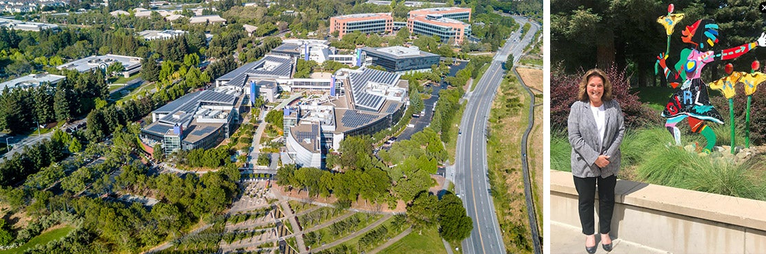Lisa Matichak and an aerial view of a tech campus in Mountain View
