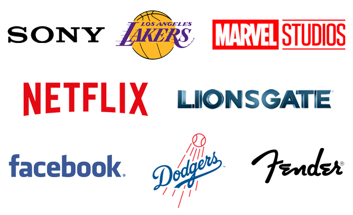 Logos of Sony, Lakers, Marvel, Netflix, Lionsgate, Facebook, Dodgers, Fender
