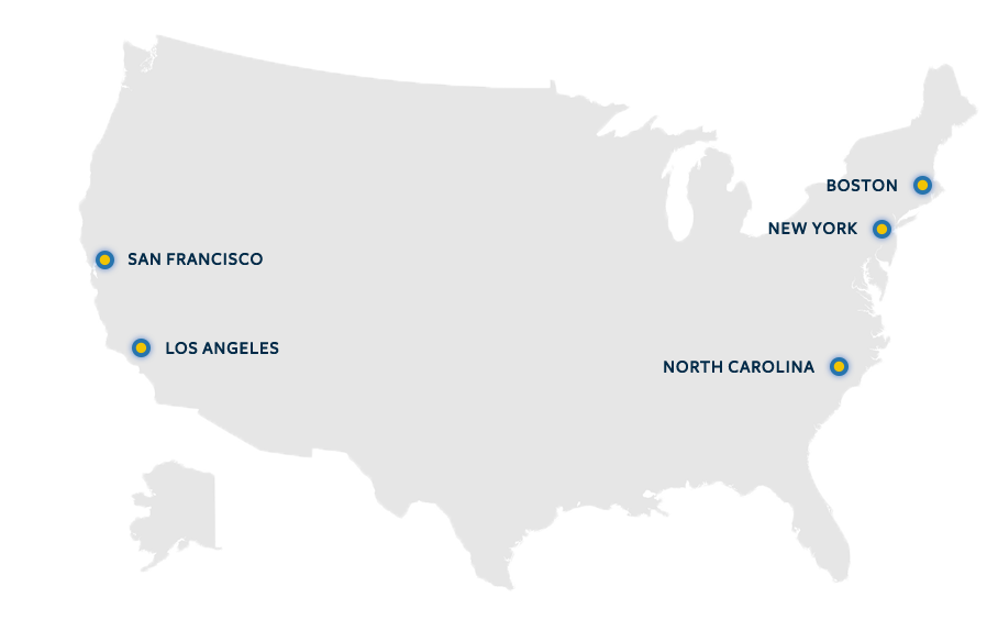 MFE locations employment map LA, San Francisco, New York City, Boston and North Carolina