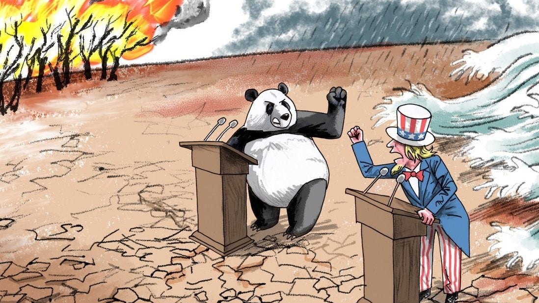 Illustration of a panda debating Uncle Sam at a podium on a dry desert with burning trees and crashing waves in the background