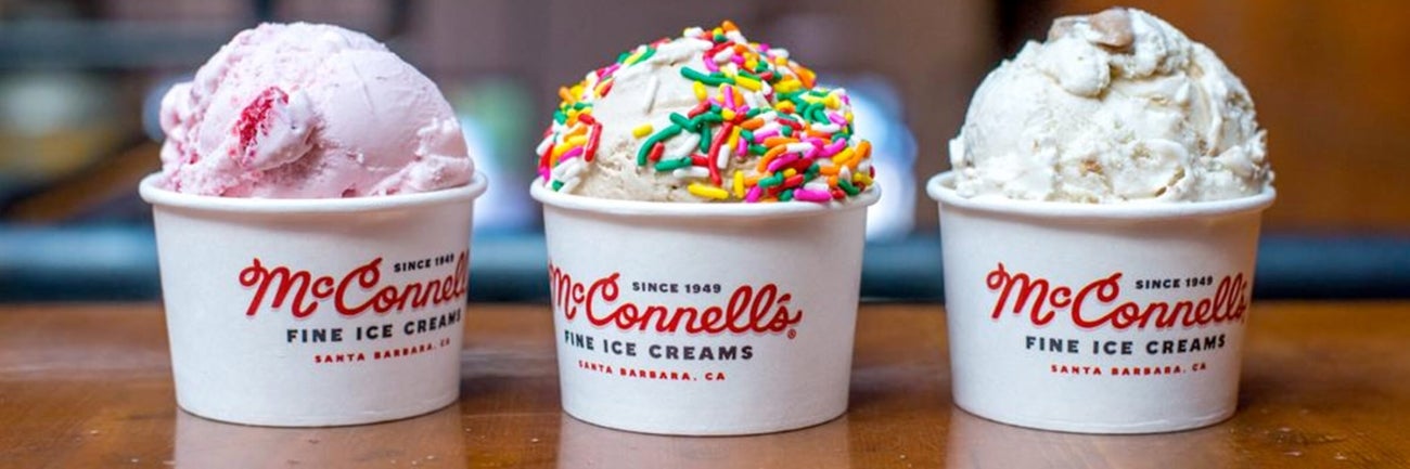 image of three separate scoops of mcconnell's ice cream in paper cups