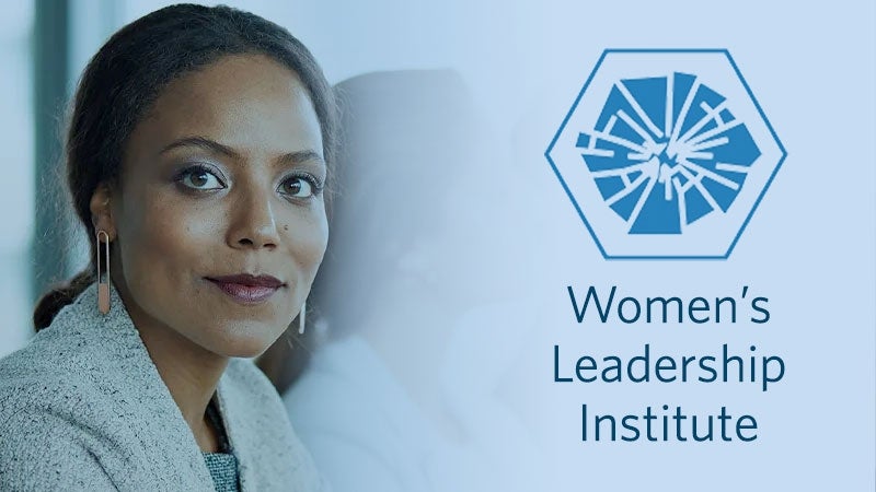 Portrait of businesswoman with Women's leadership institute logo