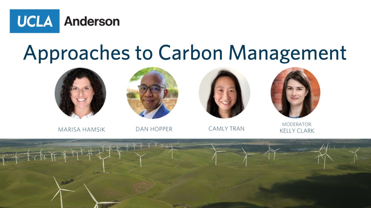 Graphic with title "Approaches to carbon management" and 4 headshots of panel speakers above a photograph of wind turbines in a field