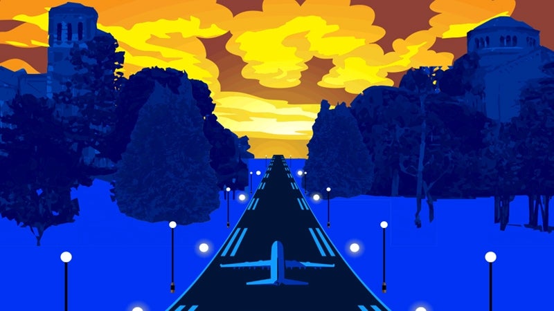 vector illustration of an airplane taking off on a runway in the middle of ucla campus