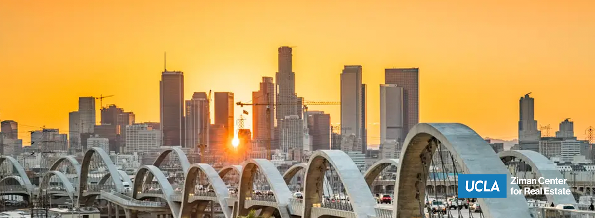 Sunset over 6th Street bridge and Los Angeles skyline