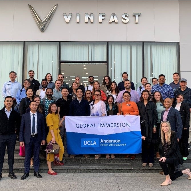 Global Immersion students in front of VinFast Building in Vietnam