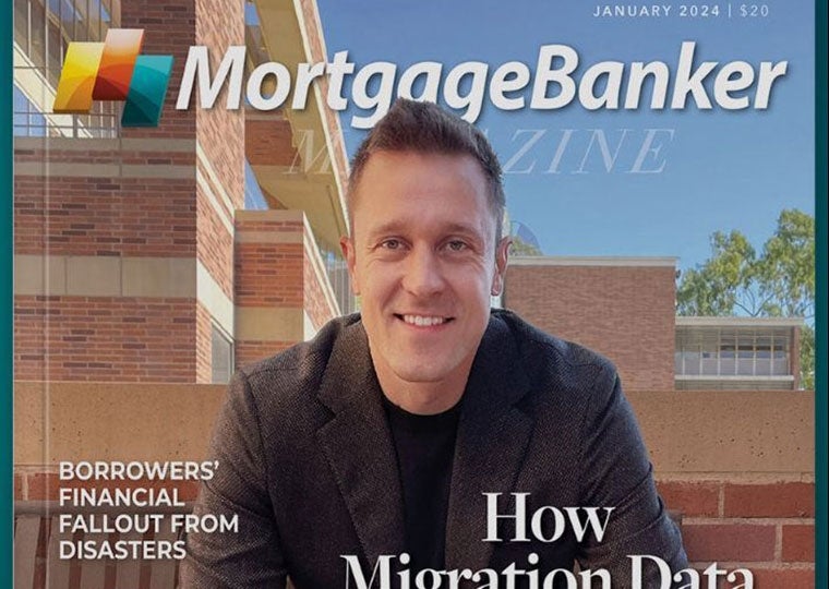 January 2024 Mortgage Banker Magazine cover with Caucasian male Gregor Schubert, Assistant Professor of Finance, UCLA Anderson