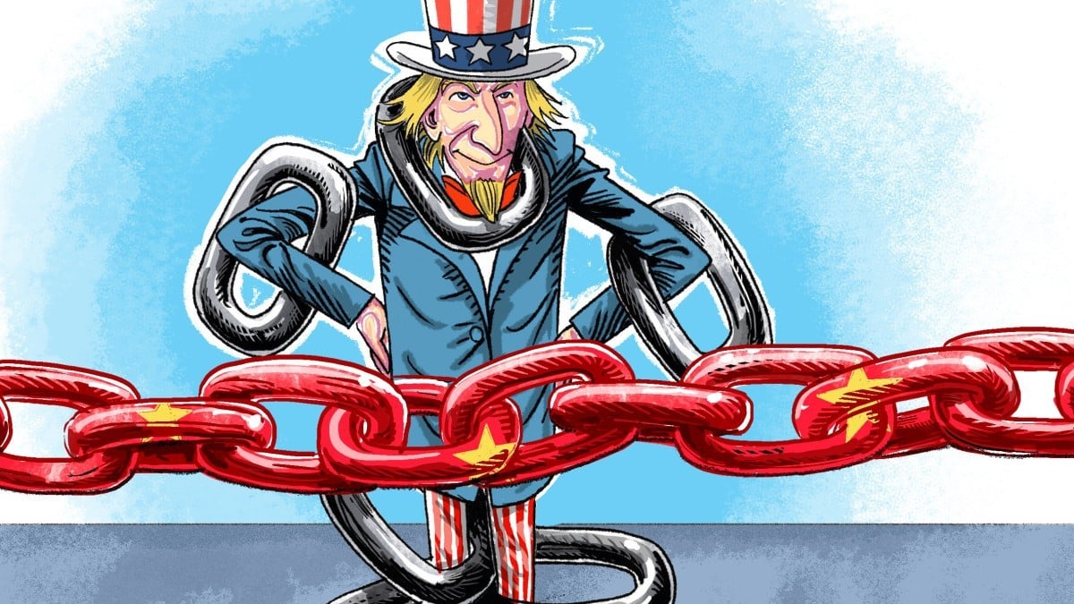 Man with American Hat and chains resembling US Supply Chain behind a chain in China colors. The picture is supposed to resemble US Anti China Supply Chain  