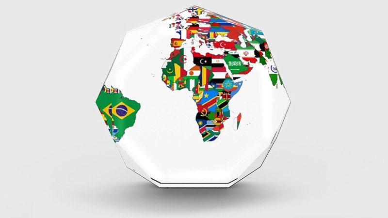A globe with flags of countries representing its geo location